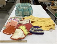 Crocheted hot pads, hat, blanket w/ Biolage bag