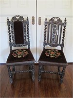HEAVILY CARVED GOTHIC HAND EMBROIDERED CHAIRS