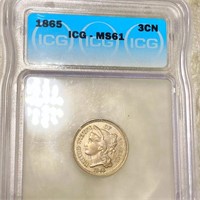 1865 Three Cent Nickel ICG - MS61