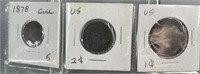 (3) Copper U.S. One-Cents: Large Cent Worn, 1878 I