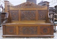 French Breton Well Carved Figural Lion Oak Bench.