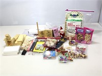 Assorted wood crafts with beads, stamps and more