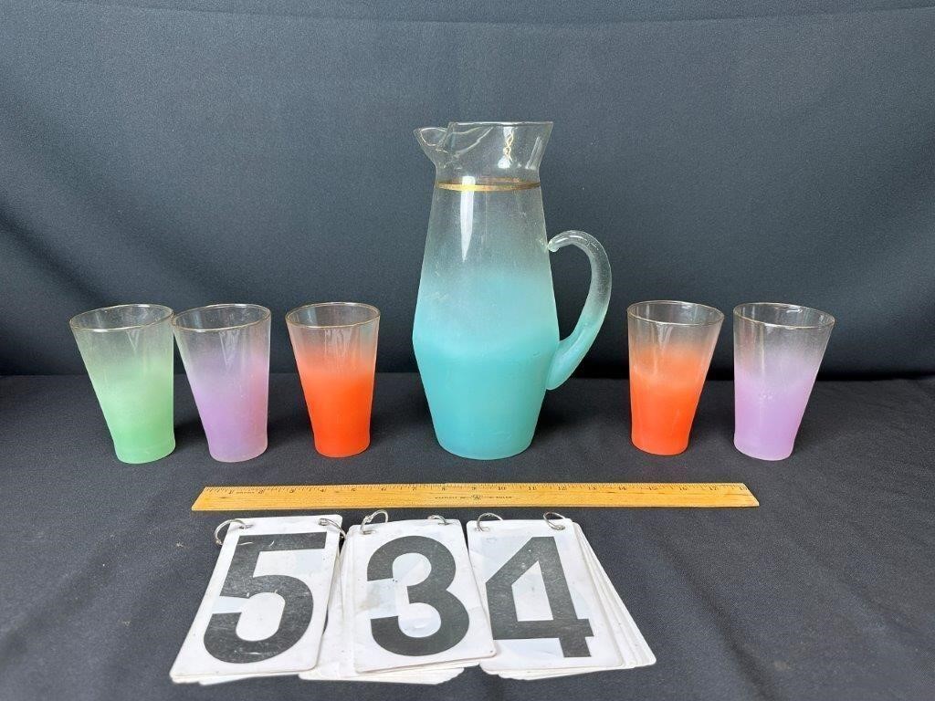 Frosted Pitcher and 5 Glasses