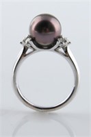 18k White Gold, Black Pearl and Diamond Ring