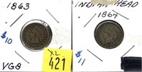 x2- Indian Head cents: 1863, 1864 -x2 cents -Sold