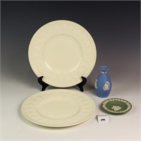 Two Wedgwood porcelain plates, plate, and vase