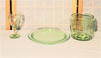 three green pieces of depression glass