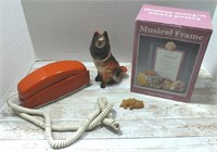 MUSICAL FRAME, CORDED PHONE & DOG STATUETTE
