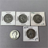Washington Silver (90%) Quarters- (5) 1932