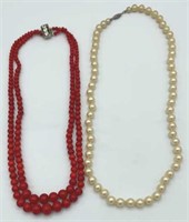 Lot of 2 Faux Pearl Necklaces JAPAN Red