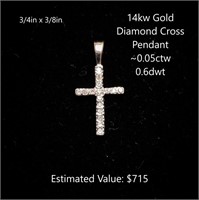 14kt Diamond Cross Pendant, ~0.05ctw, 0.6dwt