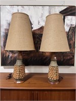 AWESOME PAIR MCM TEAK & CERAMIC TABLE LAMPS