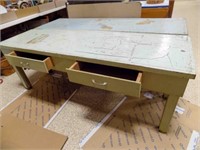 Vintage Wood Green 2 Drawer Work Table 2 drawers