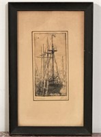 "Ship At Dock" J.J. Barry Etching