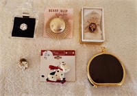 Scarf Clip, Broaches, CZ Ring, & Collapsible Coin