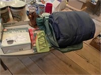 sleeping bag, ozark trail 5pc mess kit. tabe cloth