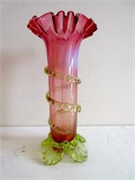 Victorian Cranberry & Vaseline Vine Leaf Vase