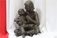 A Heavy Signed Bronze Statue of a Mother and Child