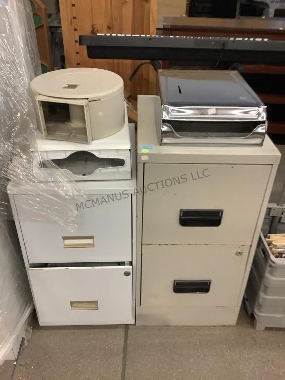 Pair Small Metal Filing Cabinets and Towel