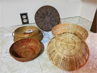 Basket lot, blue dresser scarf, jewelry