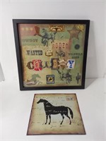 Framed Cowboy Artwork& Tin Sign Horse U15E