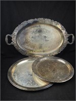 3 Vintage Heavy Ornate Silver Plate Serving Trays