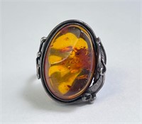 Huge Sterling Baltic Amber Ring 14 Grams Size 7.5