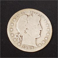 1907o Barber Silver Half Dollar 90% Silver