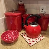 Lot of Red Kitchenware w/ Canisters