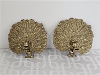 PAIR OF BRASS PEACOCK WALL SCONCES - 8.5" X 8.5"
