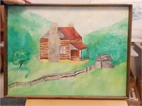 Unknown Artist Oil Painting of a Log Cabin