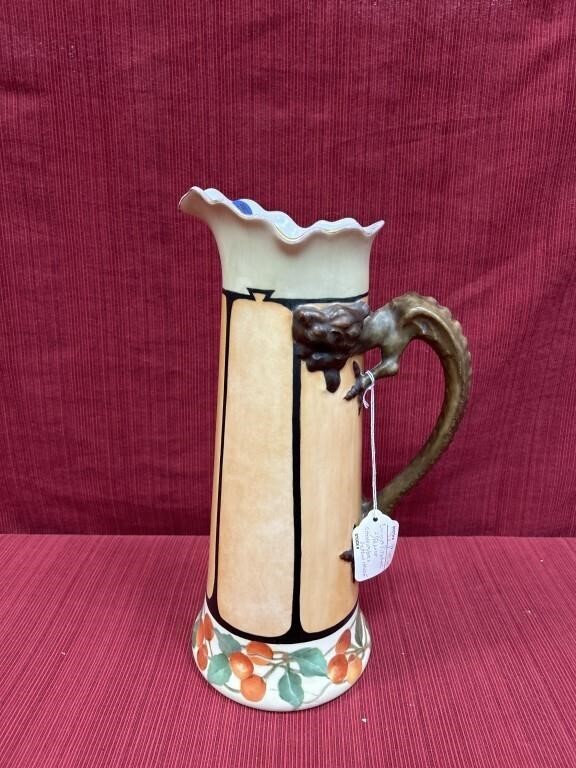 Limoges tankard with applied dragon handle 14.5”h