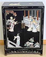BEAUTIFUL BLACK LACQUERED CARVED SMALL CABINET