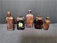 (5) Vintage Amber Glass Medicine Bottles