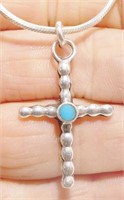Turquoise & 925 Silver Cross Pendant Necklace 9.3g