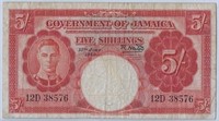 JAMAICA - 5 SHILLINGS-Kg George VI,est $90.JM1a