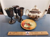 Vintage Flower Teapot, Plate, & Cups