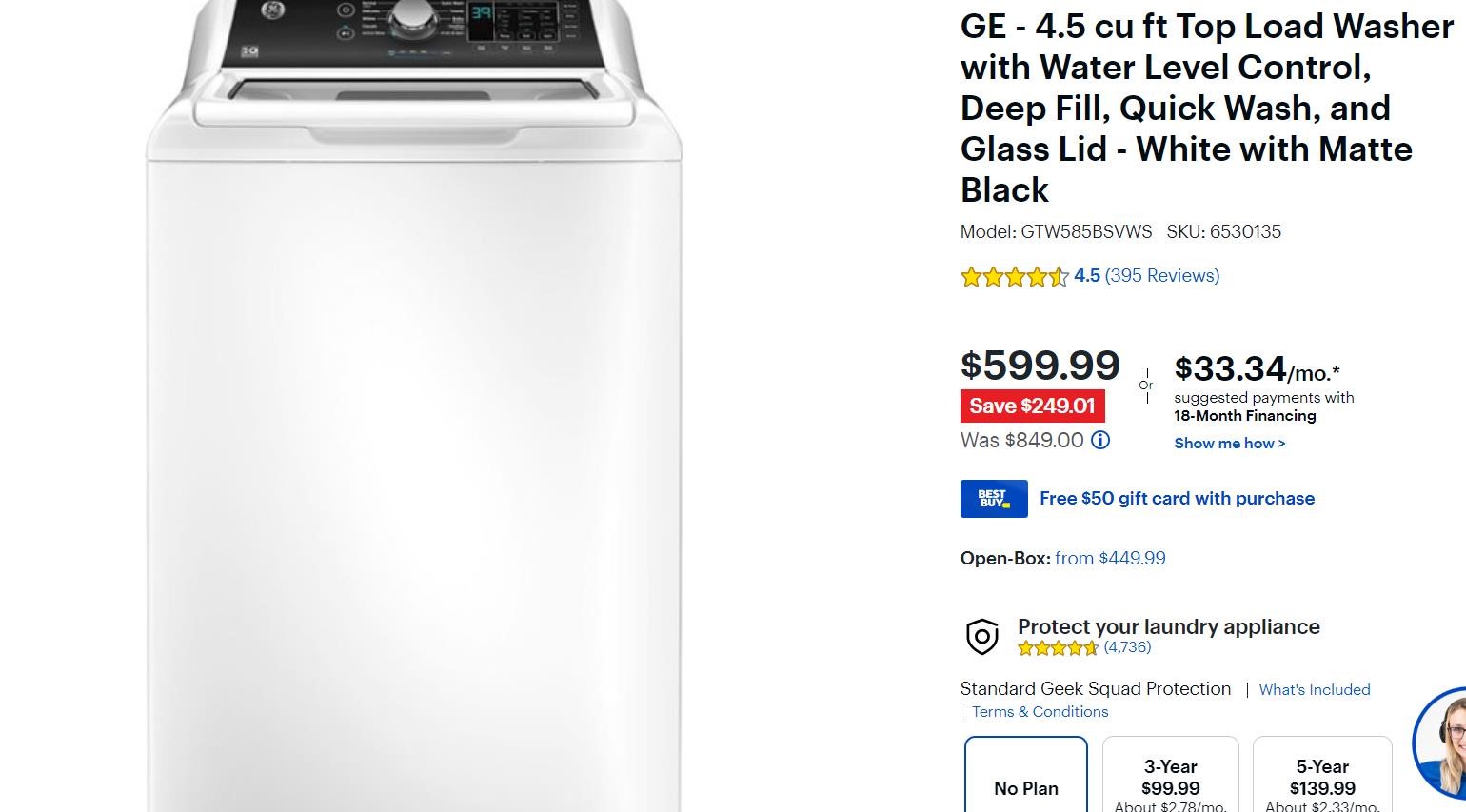 GE - 4.5 cu ft Top Load Washer