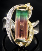 Plat. 6.55 ct Watermelon Tourmaline & Diamond Ring