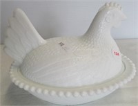 Milk Glass Hen on Nest. Measures 5.25"H.