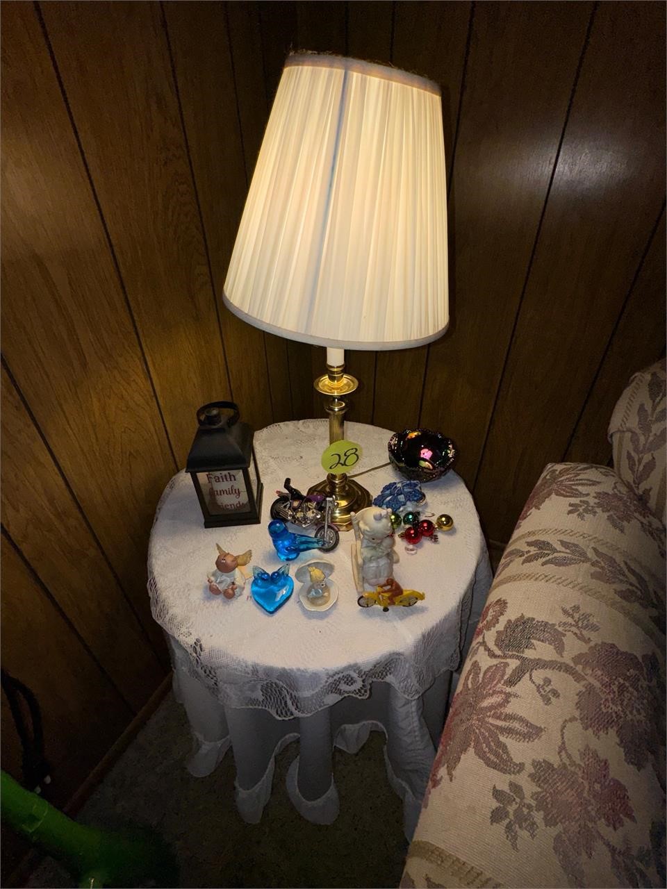 Wooden end table lamp,all items on the table .