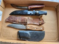 3 Hunting Knives w/ Sheathes - 2 wood handles