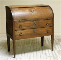 Early Inlaid Cylinder Roll Top Oak Escritoire.