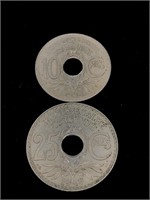 Antique 1918 10 & 25 Centimes Lindauer Coins