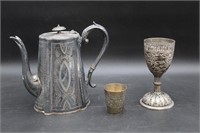 Art Deco Silver Plate Tea Pot, Goblet, Cup