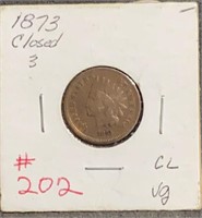 1873 Indian Head Cent Closed 3 VG