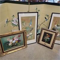 Art lot - 2 Florals on canvas, 3 Asian prints