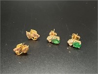 Pair of Earrings Mkd. 14K with Emerald Stone & 3