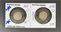 1919-D & 1938-D Buffalo Nickel Coins