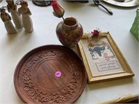 wooden platter, vase, cross stitch